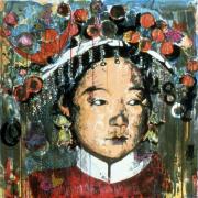 Highly stylized painting of a Chinese woman in a traditional headdress