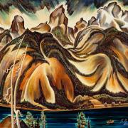 Highly stylized painting of mountains