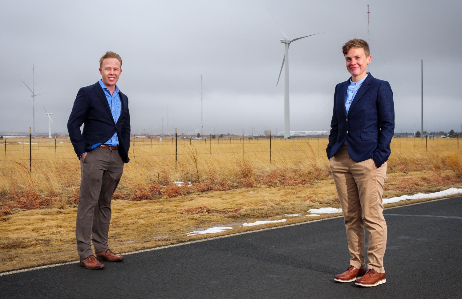 Bri-Mathias Hodge and Kate Doubleday outside the NREL Flatirons Campus.