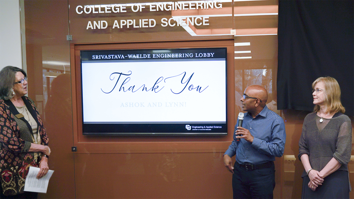 Srivastava and Waelde at the CU Engineering Lobby