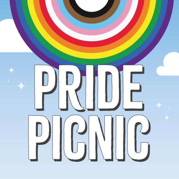 an illustrated rainbow at text: Pride Picnic
