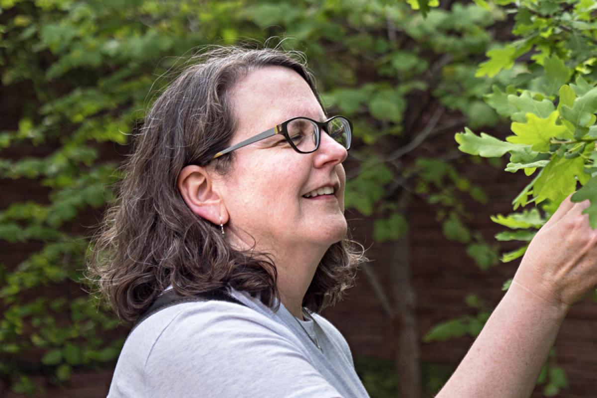 woman looking at tree leaf
