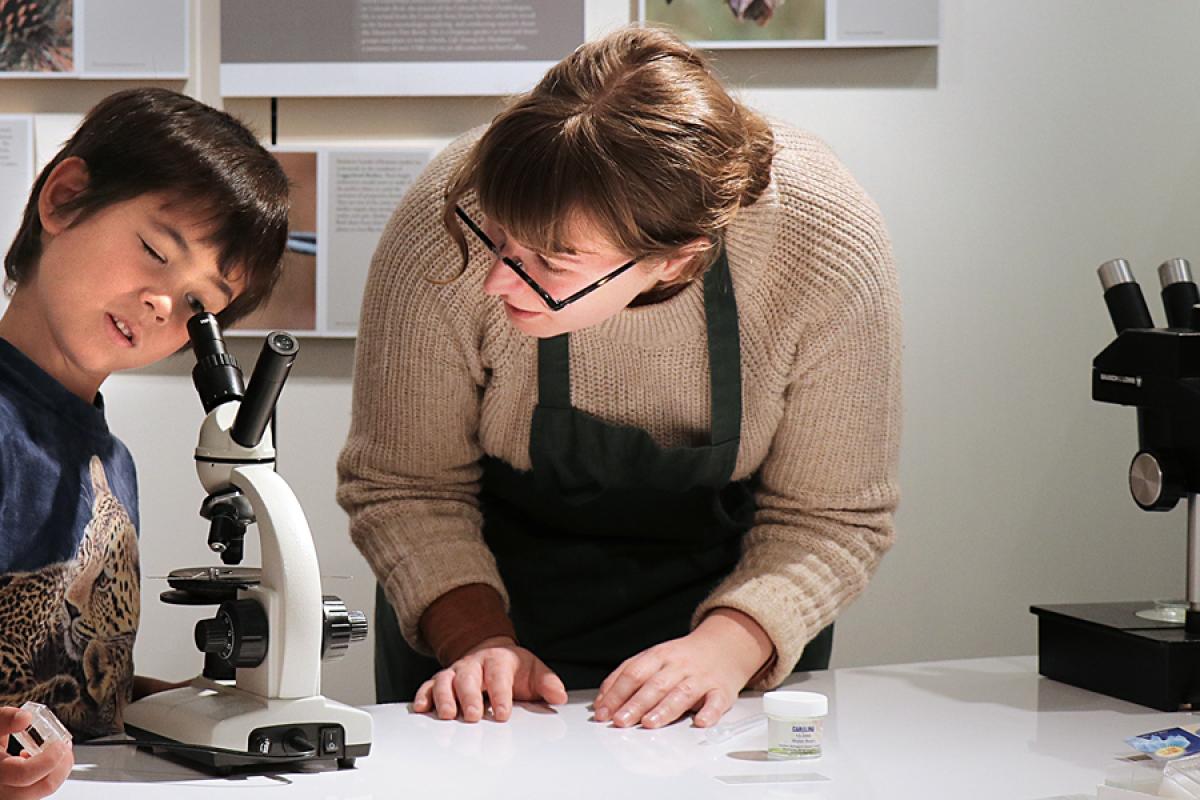 child with volunteer looking through microscope