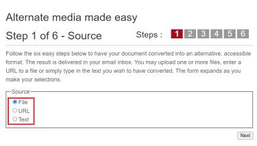Step 1 Source, highlighting the file, URL, and text options.