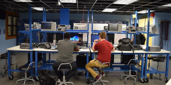 Students working in the renovated circuits lab. 