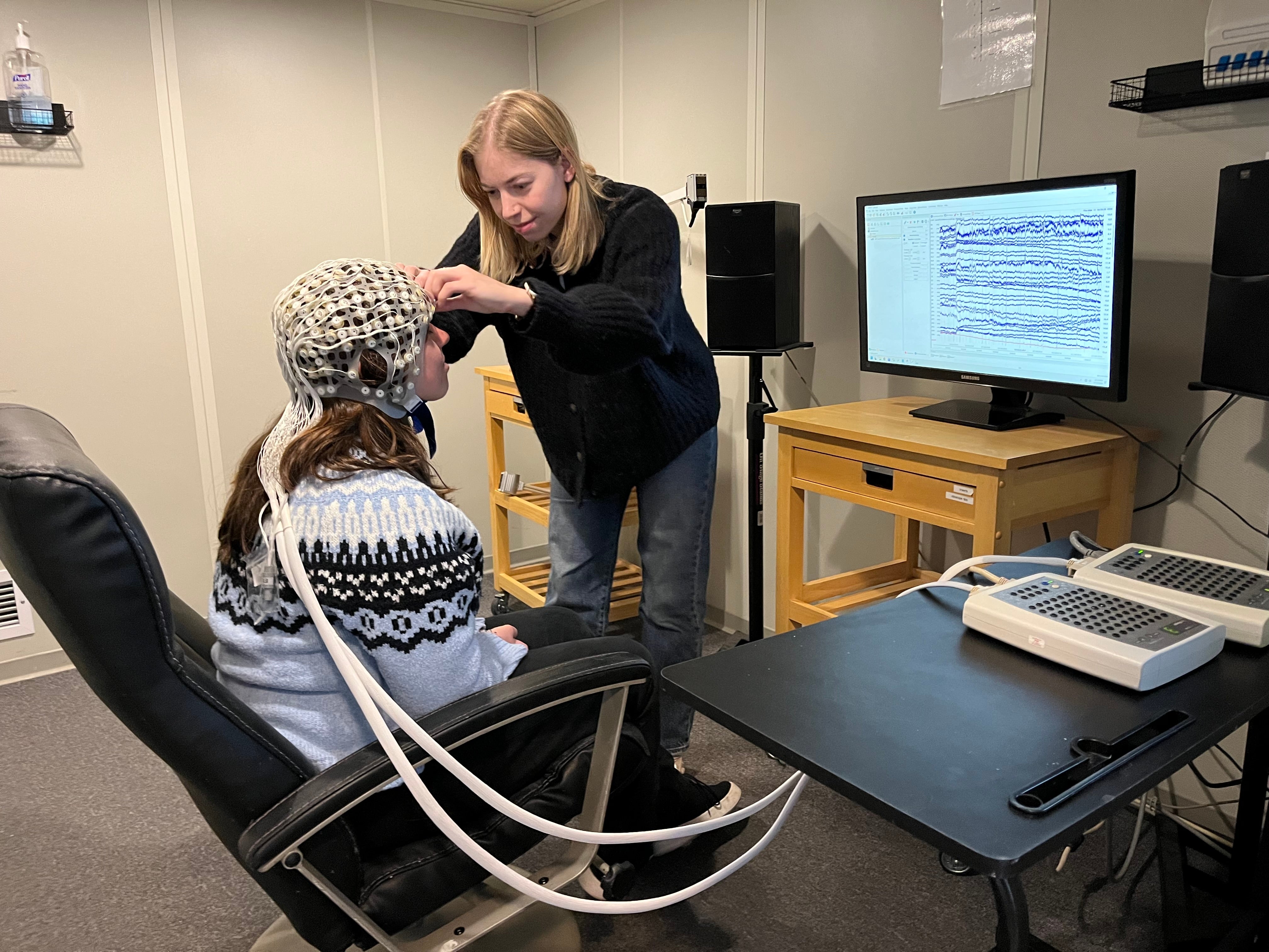 EEG cap being placed on head