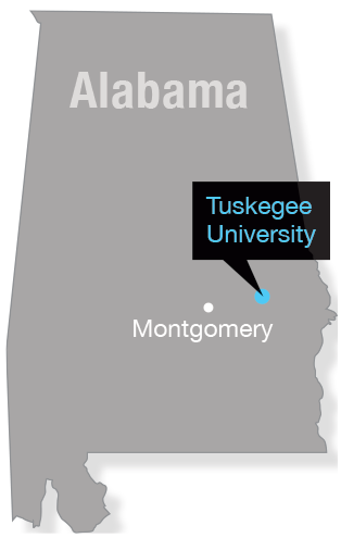 State map of Alabama marking the location of Tuskegee University