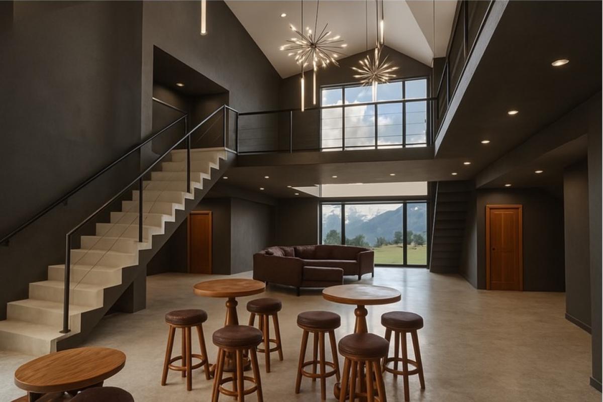 Rendering of an inside space with round tables, stools and couches downstairs and a stairway going up. Large windows in the background frame the Flatirons.
