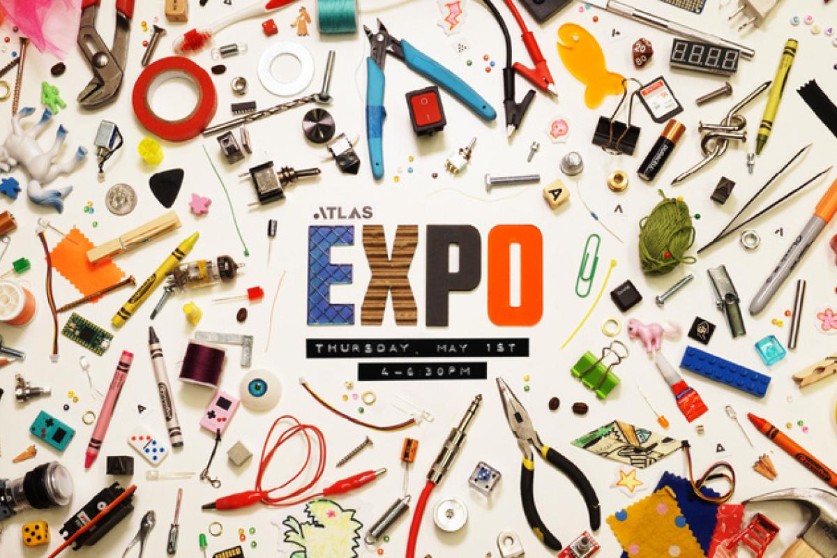 Text reading "ATLAS Expo" surrounded by scattered tools, toys and other creative items