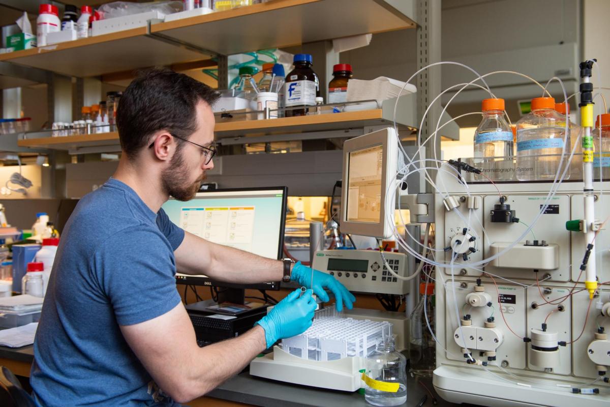 A researcher works in a chemical engineering lab.