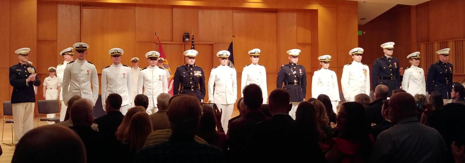 The twelve new NROTC commissionees, both Navy and Marine Corps.