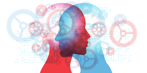 Illustration of two heads in silhouette sharing ideas with cogs 