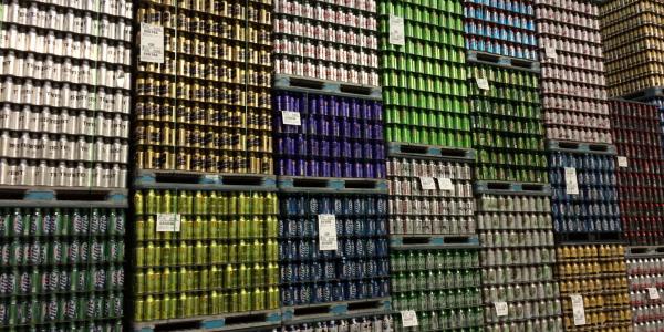 Stack of Ball aluminum cans in warehouse