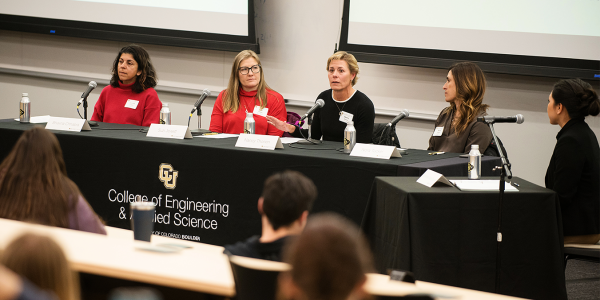 Suzi Jewett, second from left, at the Women in Engineering Panel and Networking event hosted by CU Boulder Engineering