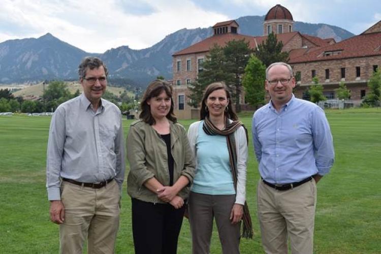  Diego Restrepo, Emily Gibson, Juliet Gopinath and Victor Bright on the Business Field at CU Boulder.