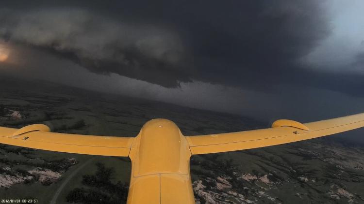 The drone approaching a supercell thunderstorm in southern South Dakota