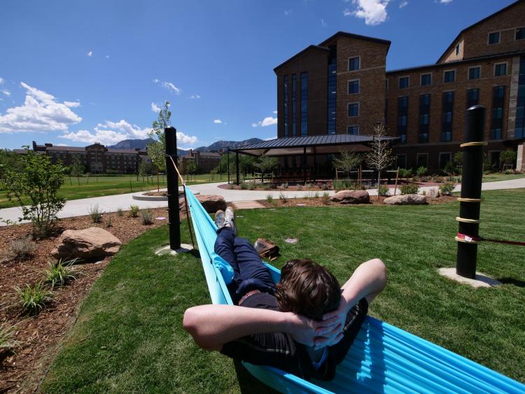 A student relaxes in a hammock outside of Williams Village East