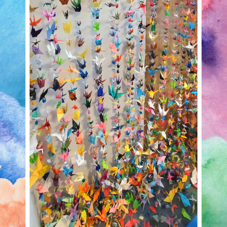 More than 1000 cranes exhibit of strings of more than 2000 folded paper origami cranes in different colors and sizes