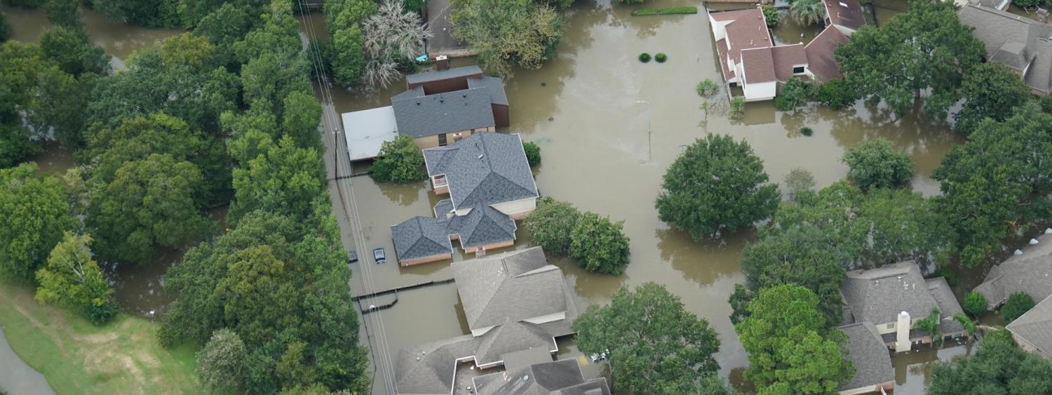 An aerial view of homes flooded by Hurricane Harvey. 