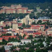 Aerial view of CU Boulder campus with engineering building 