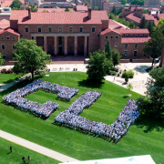 The incoming fall 2021 class forms the letters CU on the Norlin Quad in this aerial shot