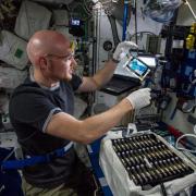 ESA astronaut Alex Gerst working with a BioServe-designed drug metabolism experiment on the International Space Station.