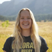 Emma Andreasen in a rugby shirt