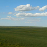 A grassy rolling plain with blue sky and clouds above