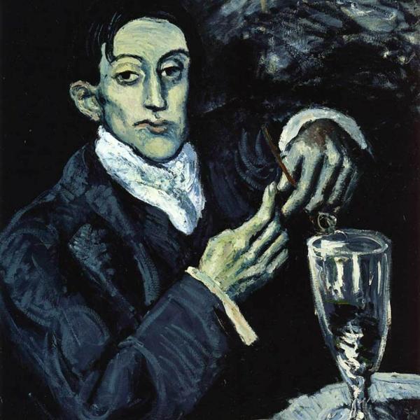 Painting of a man seated with a drink by Pablo Picasso titled The Absinthe Drinker