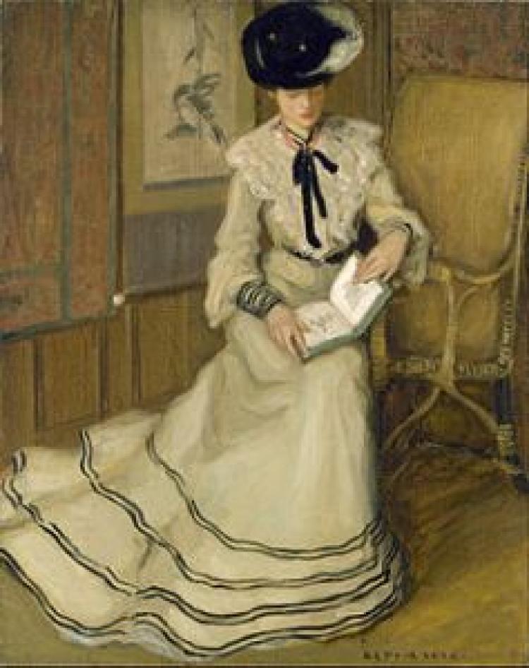 Painting of a woman in a hat and dress