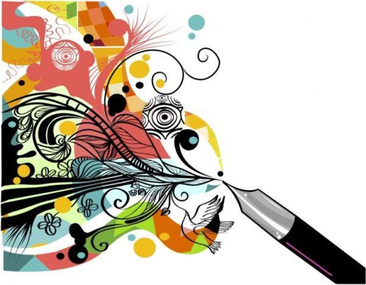 Illustration of a pen with a colorful design flowing out of it