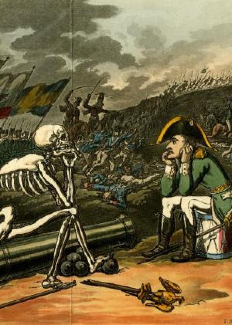 Cartoon of a man talking to a skeleton