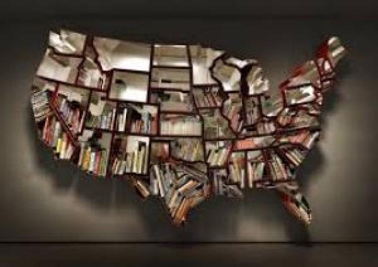Book shelf in the shape of the United States