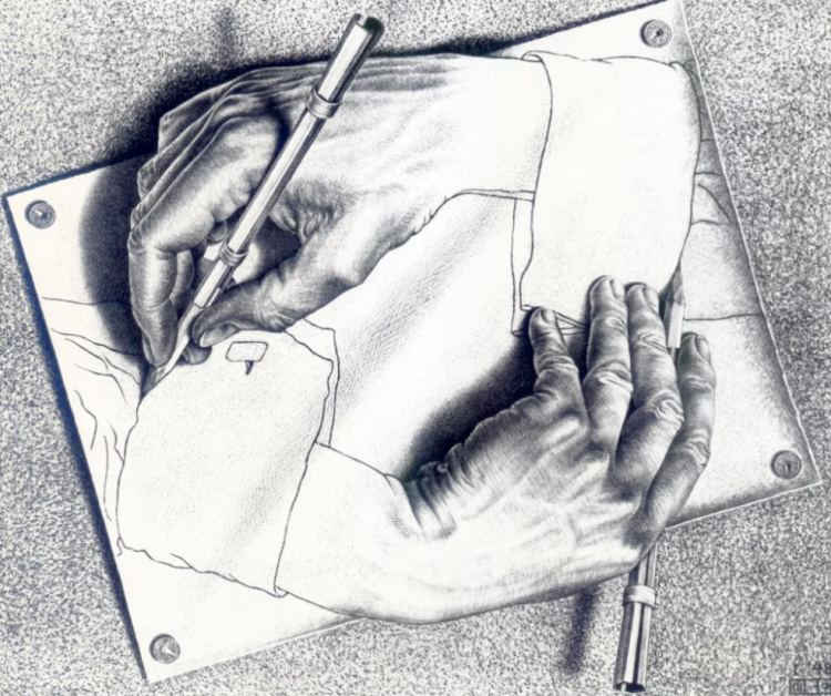 A drawing of a hand drawing a hand