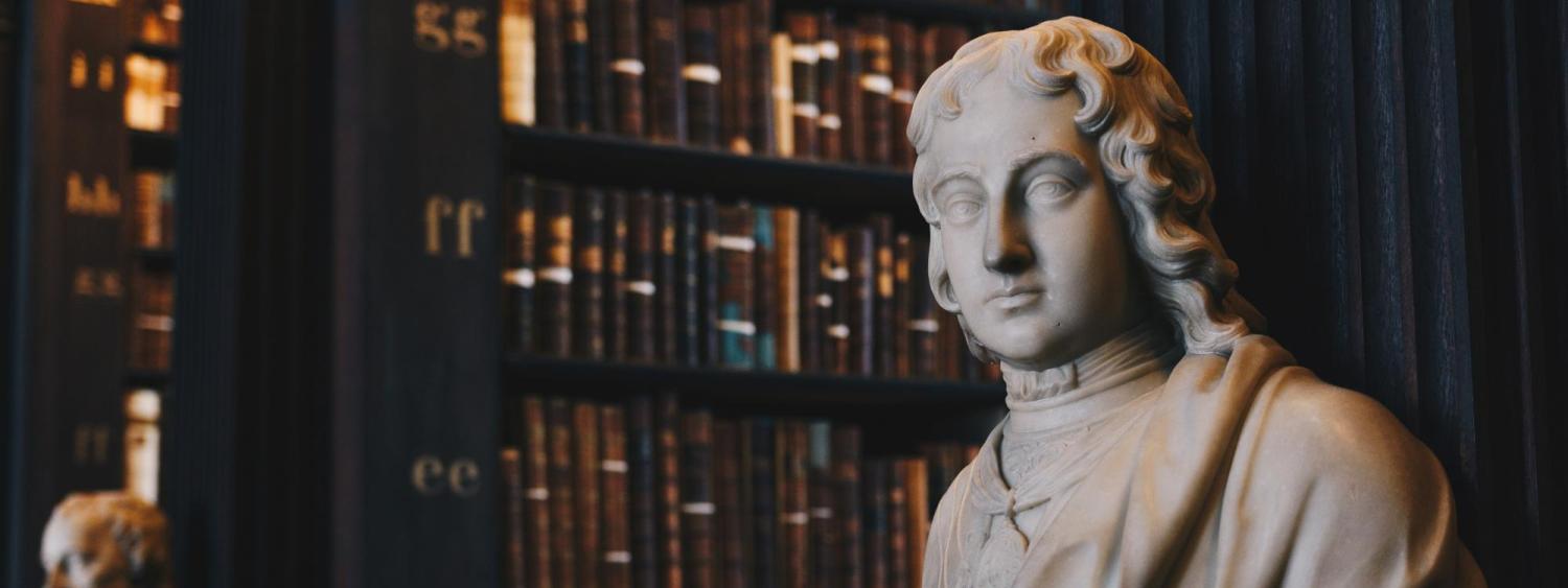 A bust statue in a library
