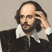 Drawing of Shakespeare in front of a Mac monitor. 