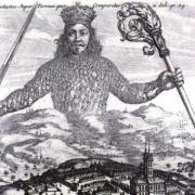 Illustration of a man with a sword and a torch hovering above a city