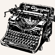 Black and white drawing of an old Olympia typewriter. 