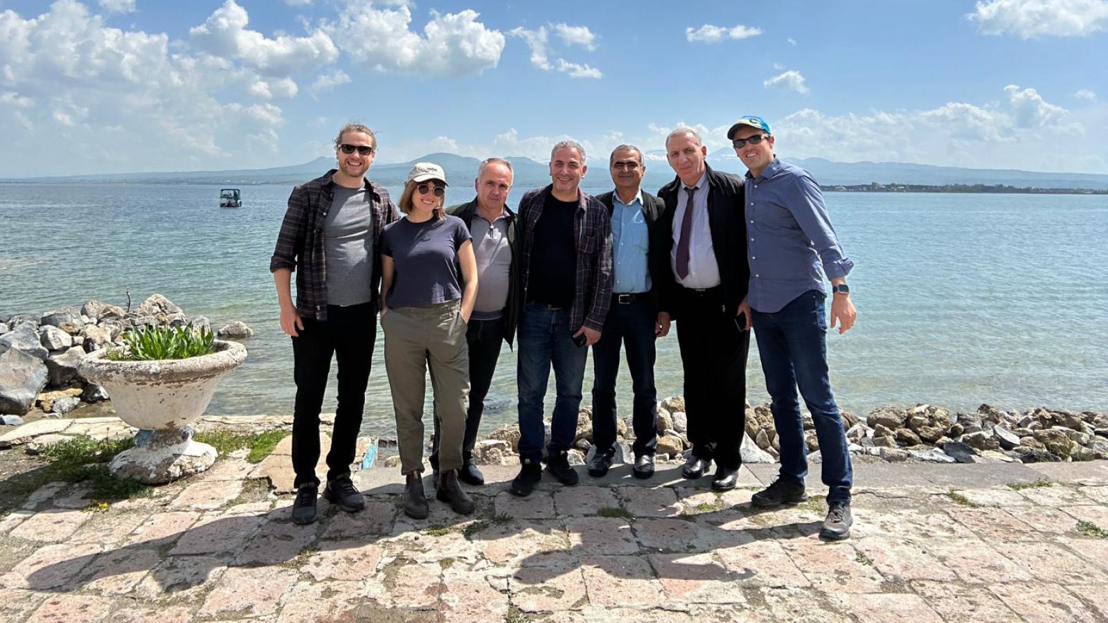 The CU Boulder Team and Armenian representatives on the shore of Lake Sevan.