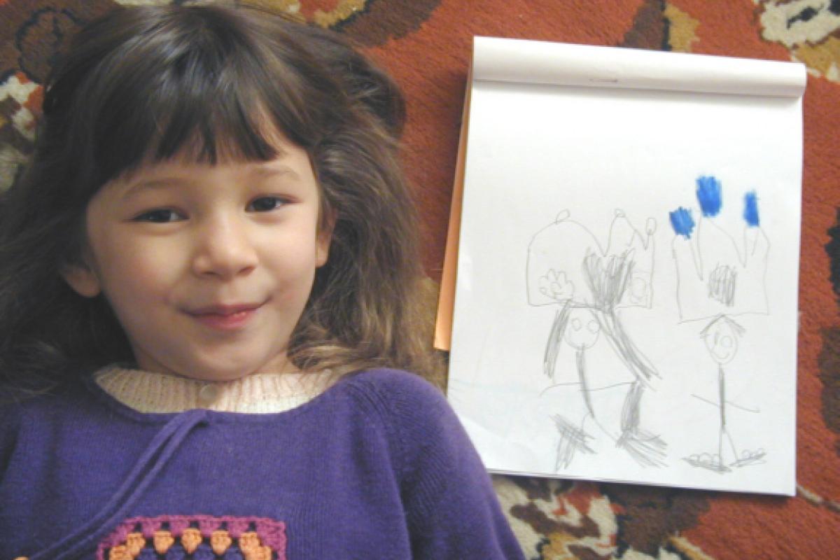 Sarah and her artwork (Nov. 2001).