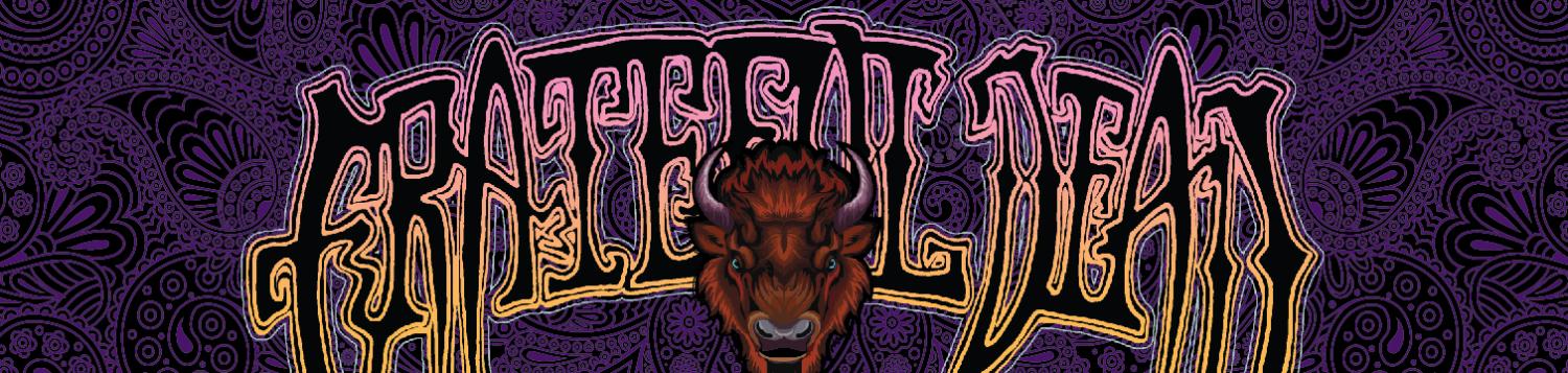 Grateful Dead text in artistic font with illustration of a buffalo head in front of a purple and black paisley background