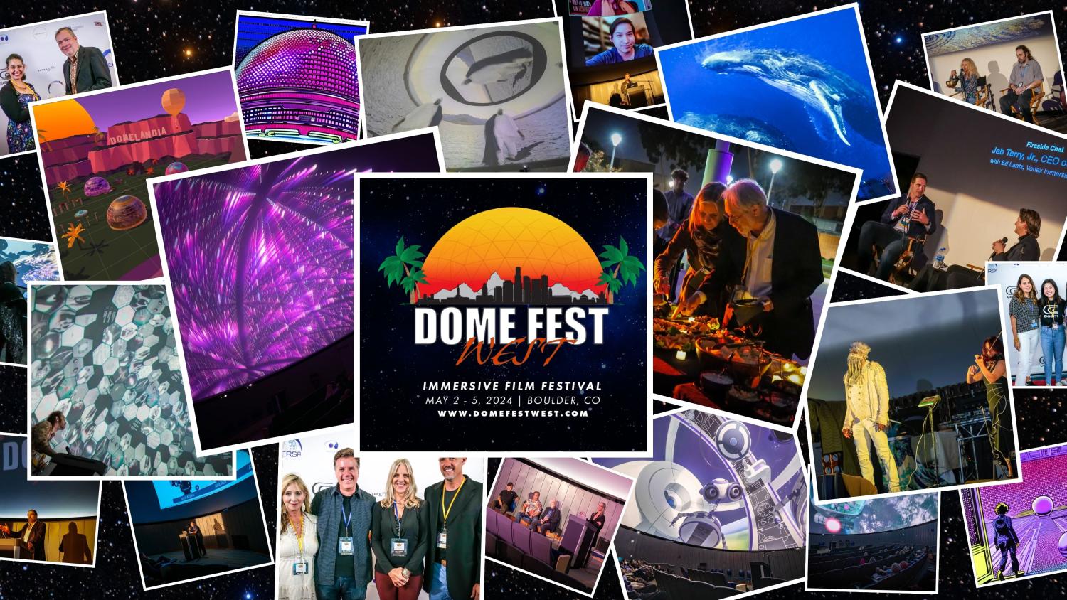 Black sky with stars and photographs of past dome fest west events with dome fest west logo in the center