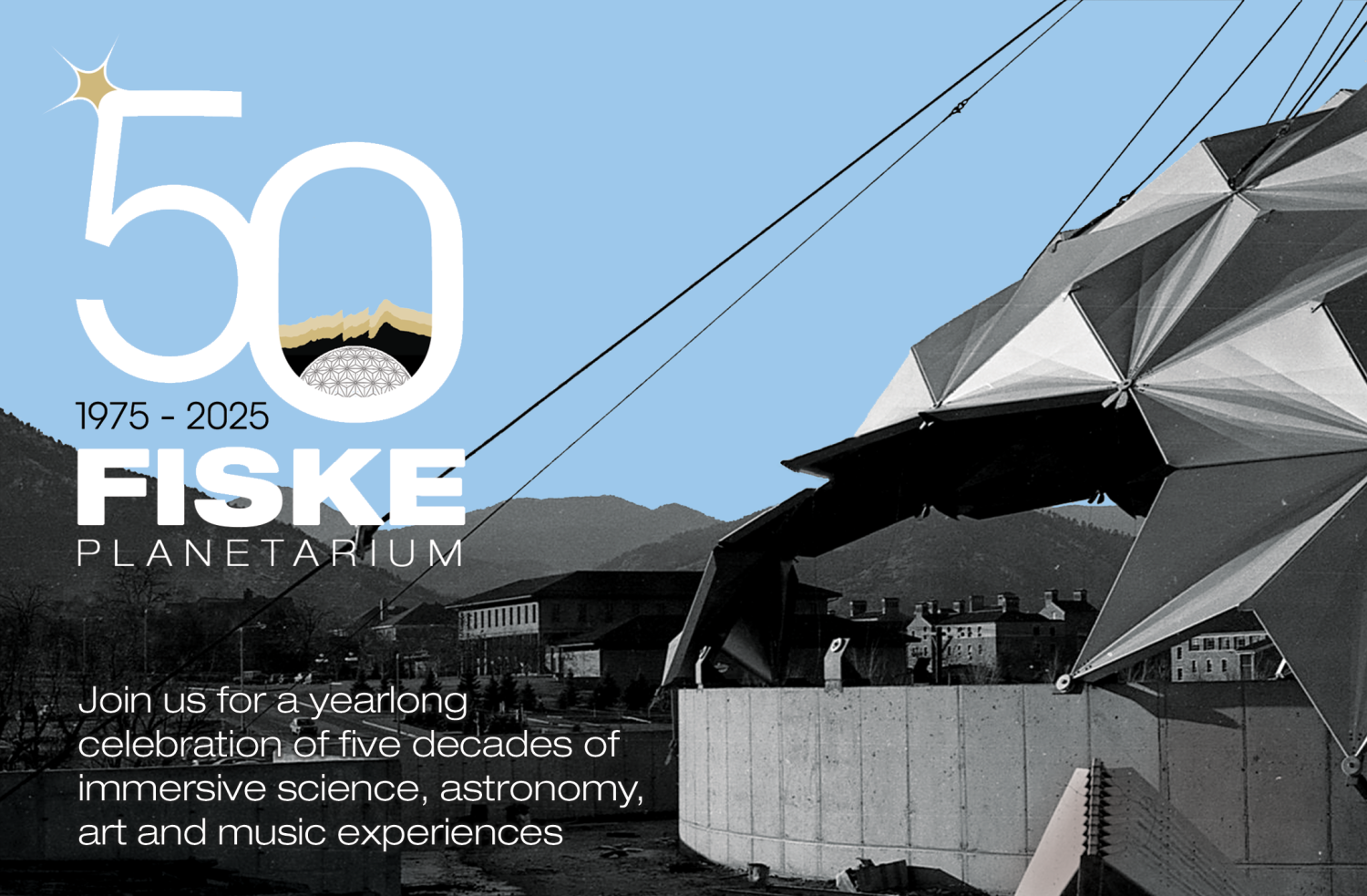 Black and white photo of Fiske with Fiske 50th logo