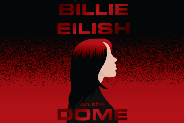 Artist illustration of a silhouette of Billie Eilish in reds and blacks