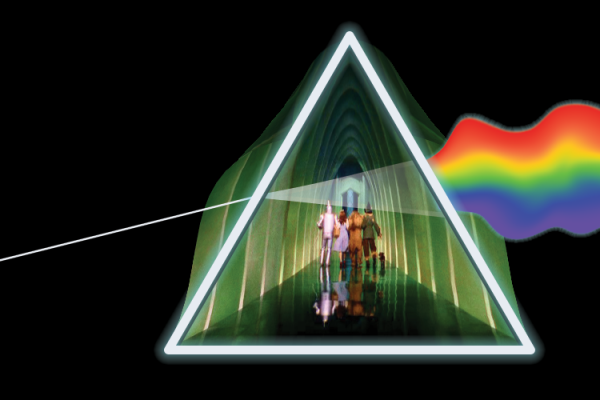 Graphic with characters from Wizard of Oz walking towards emerald city with pink floyd pyramid and rainbow