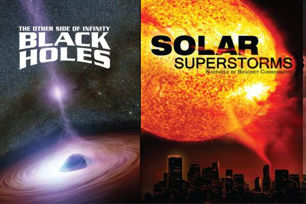 Artist illustration of a black hole up close with event horizon and a still image from the film with a close up stellar flare over a city