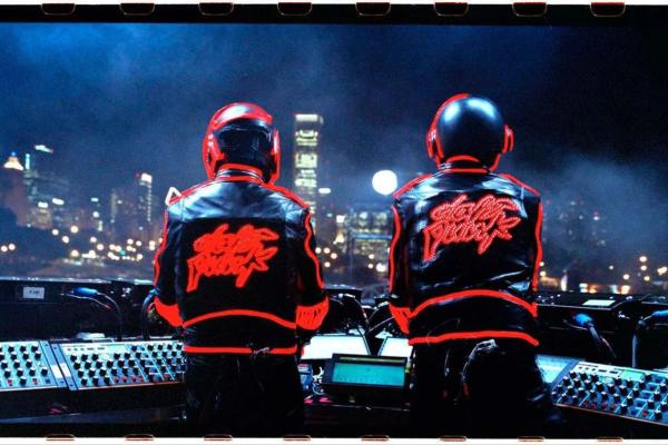 Picture of daft punk at console looking out over city