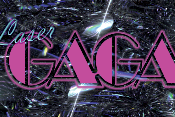 Pink stylized text with laser gaga in front of a diamond background