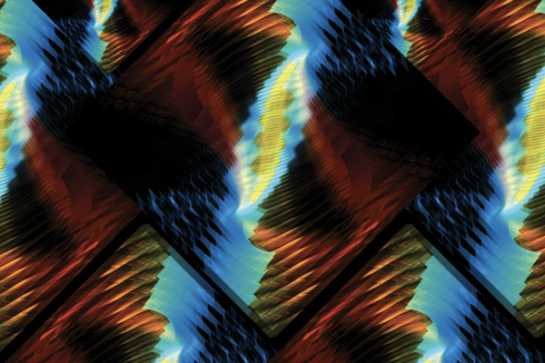 Repeated image with gold, orange and blues in a triangle shape