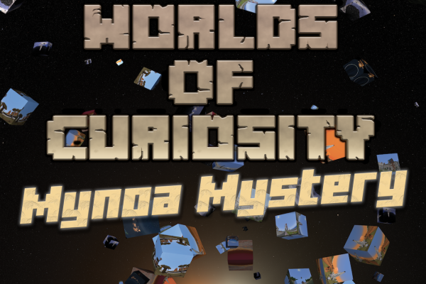 worlds of curiosity title with a double suns and minecraft boxes hovering in space